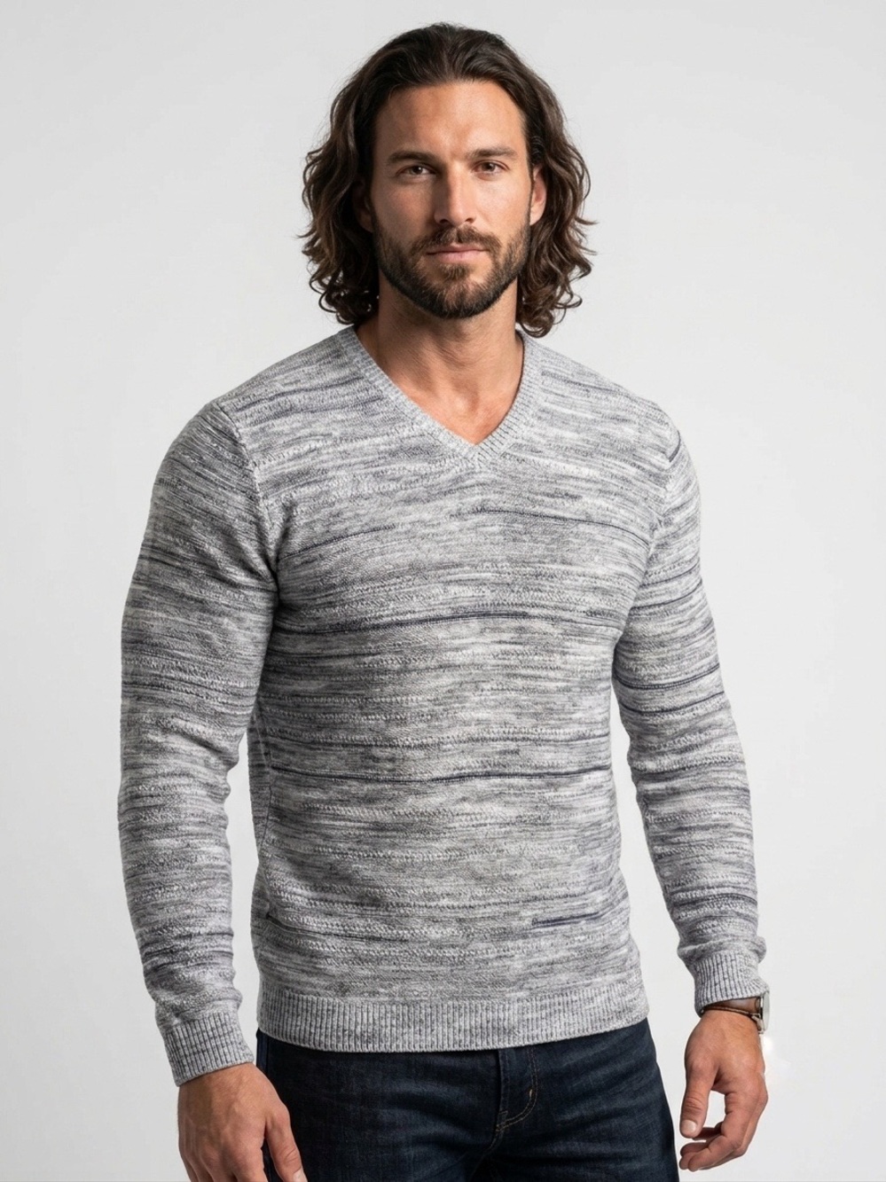 JOHN VARVATOS Men’s Luxe Linen Blend V-Neck LS Knit Sweater - Grey, Large